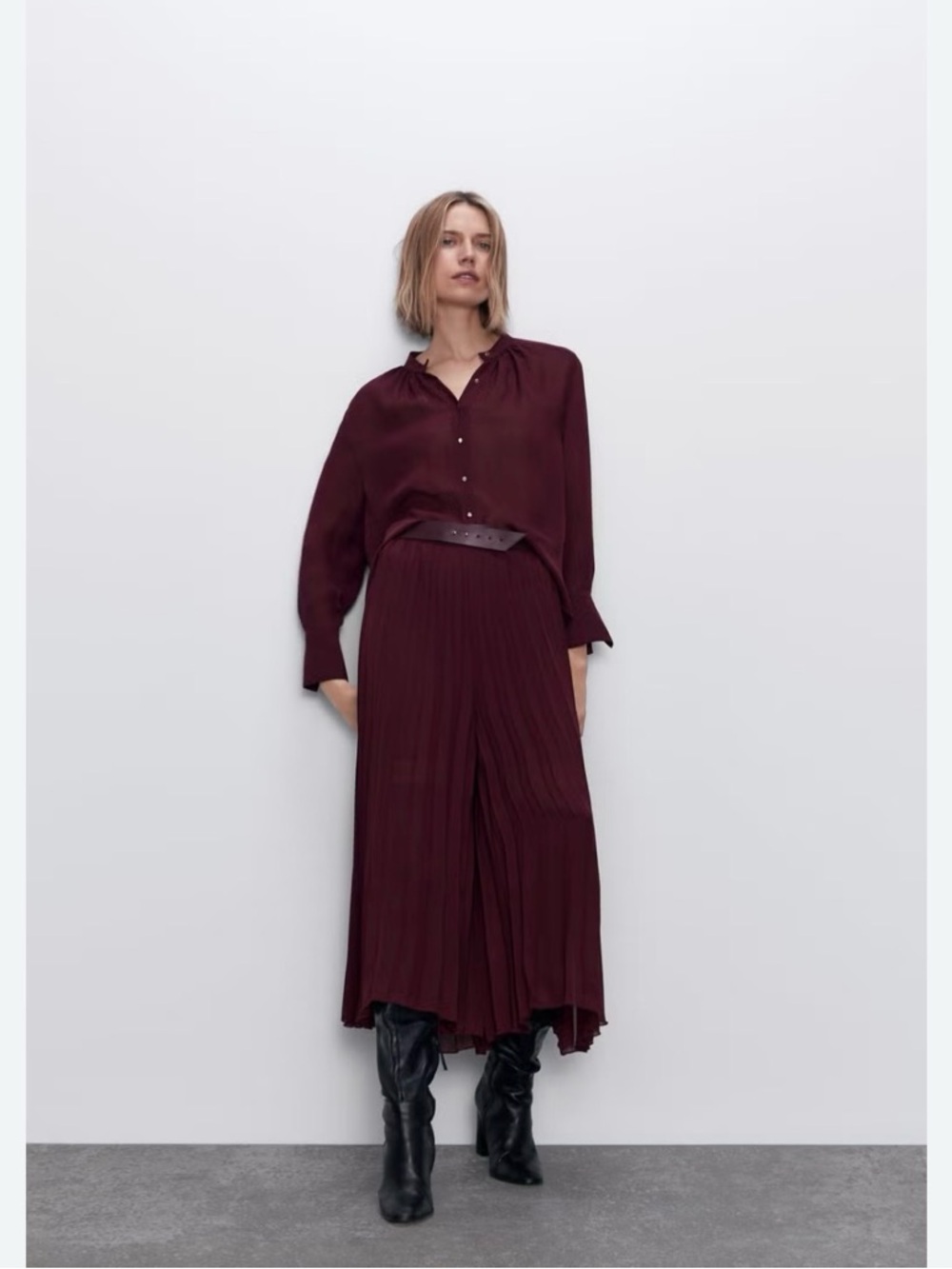 Zara Elegant Sophisticated Pleated Wide-Leg Jumpsuit Semi Sheer Deep Burgundy